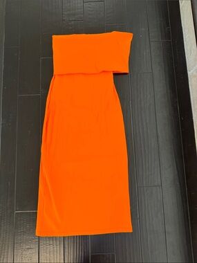 Zara Bright Orange Strapless Midi Dress